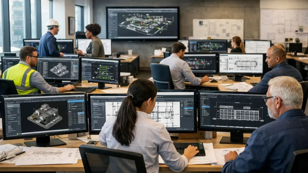 Equipe técnica utilizando o AutoCAD com painéis flutuantes organizados para colaboração e eficiência em um ambiente profissional de projetos.