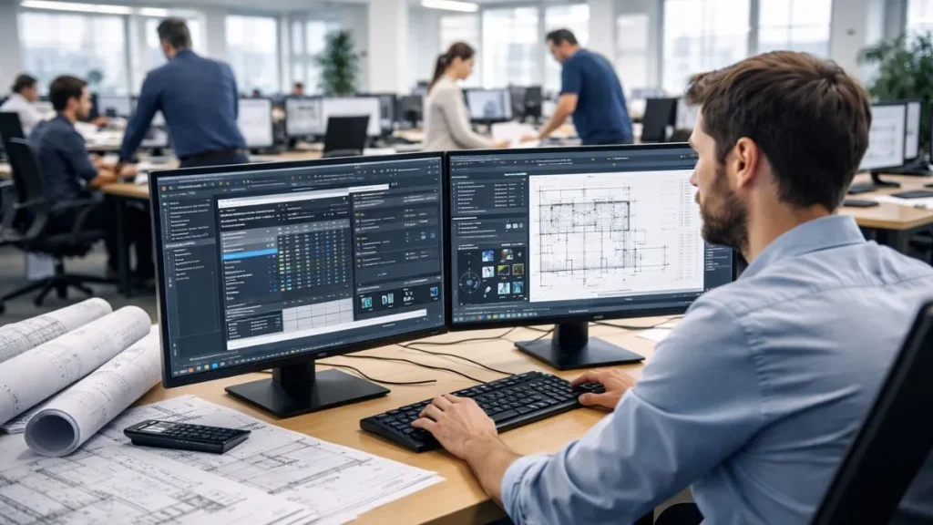 Paletas no AutoCAD integradas ao fluxo de trabalho de um projetista em ambiente corporativo, auxiliando na edição e no gerenciamento de projeto técnico 2D.