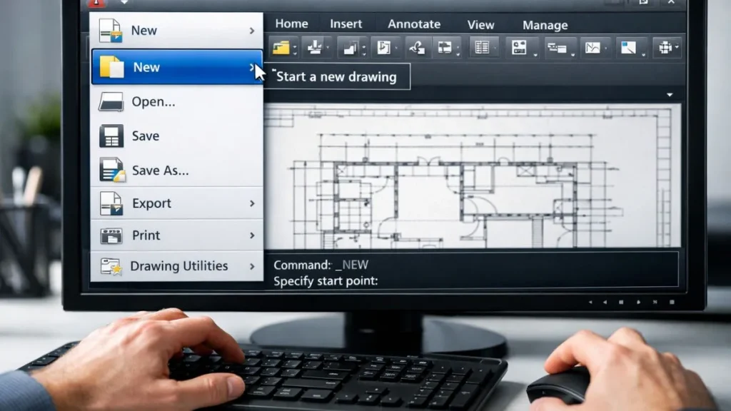 Modelo no AutoCAD sendo iniciado por meio do comando New, utilizado para criar um novo desenho técnico a partir de um template.
