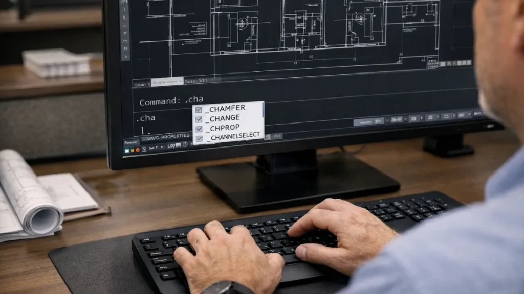 Linha de comando do AutoCAD sendo utilizada por profissional para executar comandos com rapidez e precisão durante o desenvolvimento de desenhos técnicos.