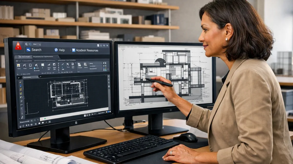 InfoCenter no AutoCAD exibido na interface do software, permitindo acesso rápido a pesquisas, ajuda integrada e recursos técnicos enquanto uma profissional analisa um projeto arquitetônico em monitores duplos.