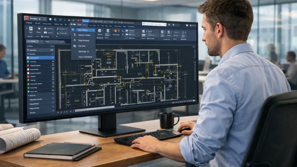 Faixa de Opções do AutoCAD sendo utilizada no fluxo de trabalho diário, com abas e comandos ativos que auxiliam o usuário na criação e edição de um projeto técnico.
