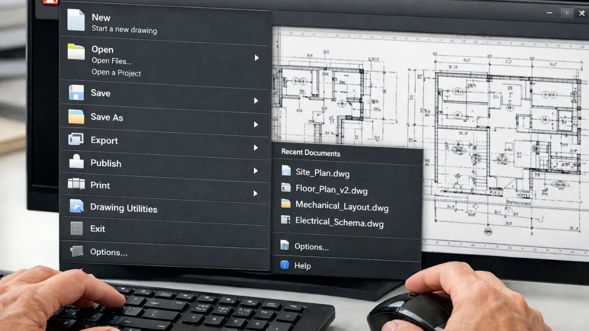 Menu de Aplicação do AutoCAD exibido na tela de um computador, mostrando opções como criar, abrir, salvar e exportar arquivos enquanto um projetista trabalha em um desenho técnico arquitetônico 2D.