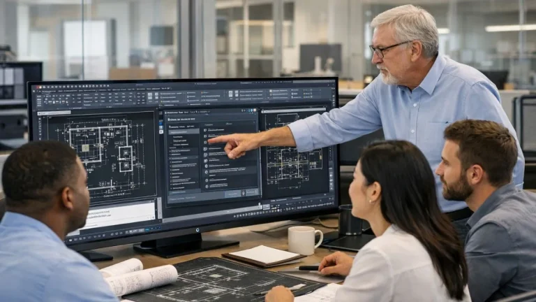 Espaço de trabalho colaborativo com engenheiros e arquitetos analisando projetos técnicos em telas grandes com AutoCAD em um escritório moderno.