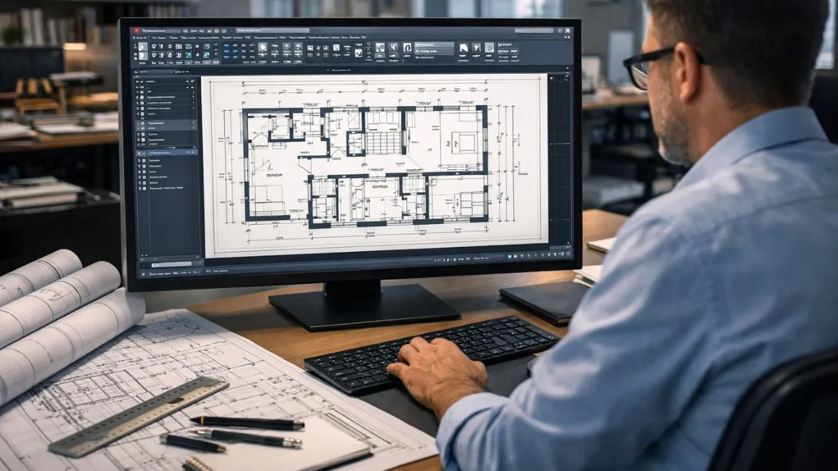 Janela de desenho do AutoCAD exibindo planta arquitetônica em ambiente de trabalho técnico, com área gráfica central, barras de ferramentas e layout de edição ativo.