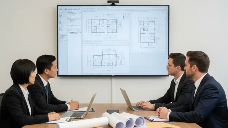 Linha de comando do AutoCAD sendo discutida em reunião técnica, com equipe analisando projetos arquitetônicos exibidos em tela digital.