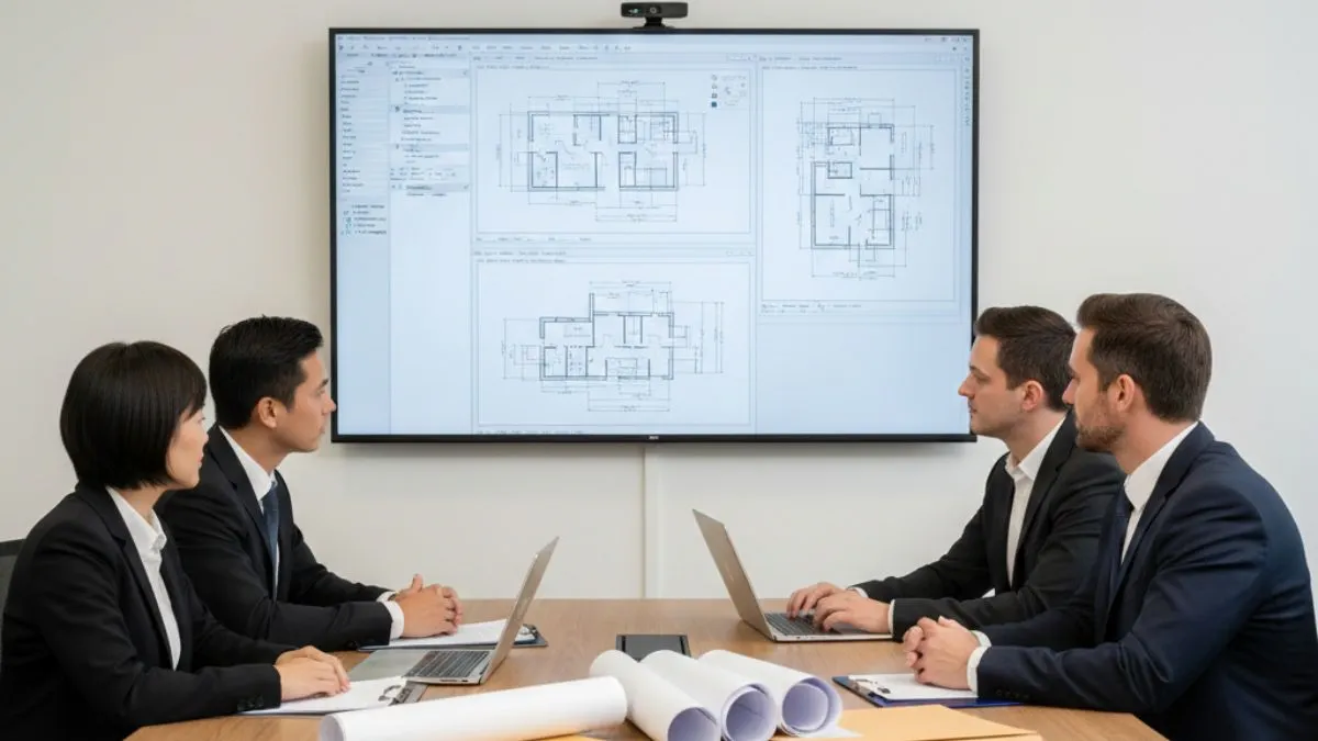 Linha de comando do AutoCAD sendo discutida em reunião técnica, com equipe analisando projetos arquitetônicos exibidos em tela digital.