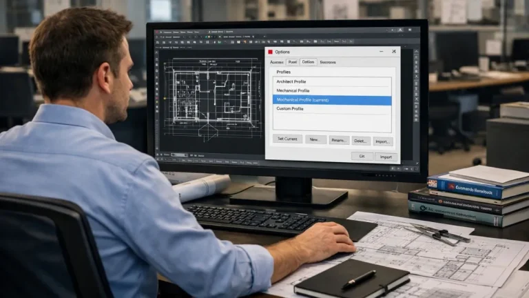 Perfil de usuário no AutoCAD exibido na janela de opções para seleção e gerenciamento de configurações personalizadas.