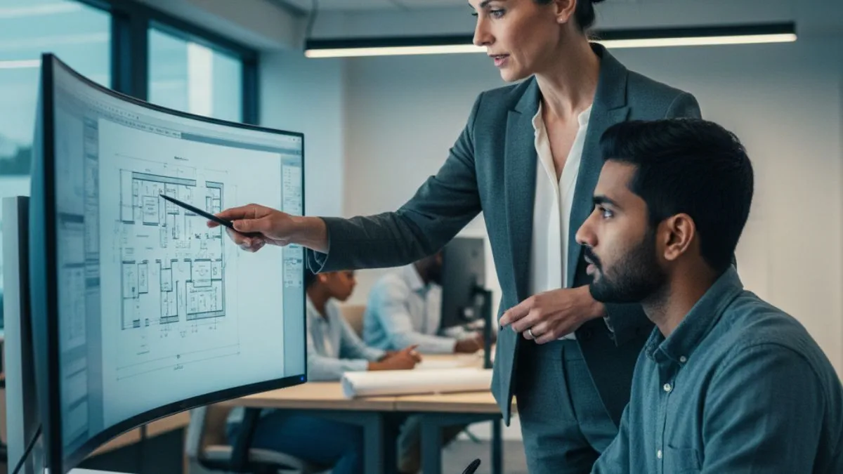 Modelo AutoCAD sendo analisado de forma colaborativa por profissionais para validação técnica e revisão de projeto 2D.