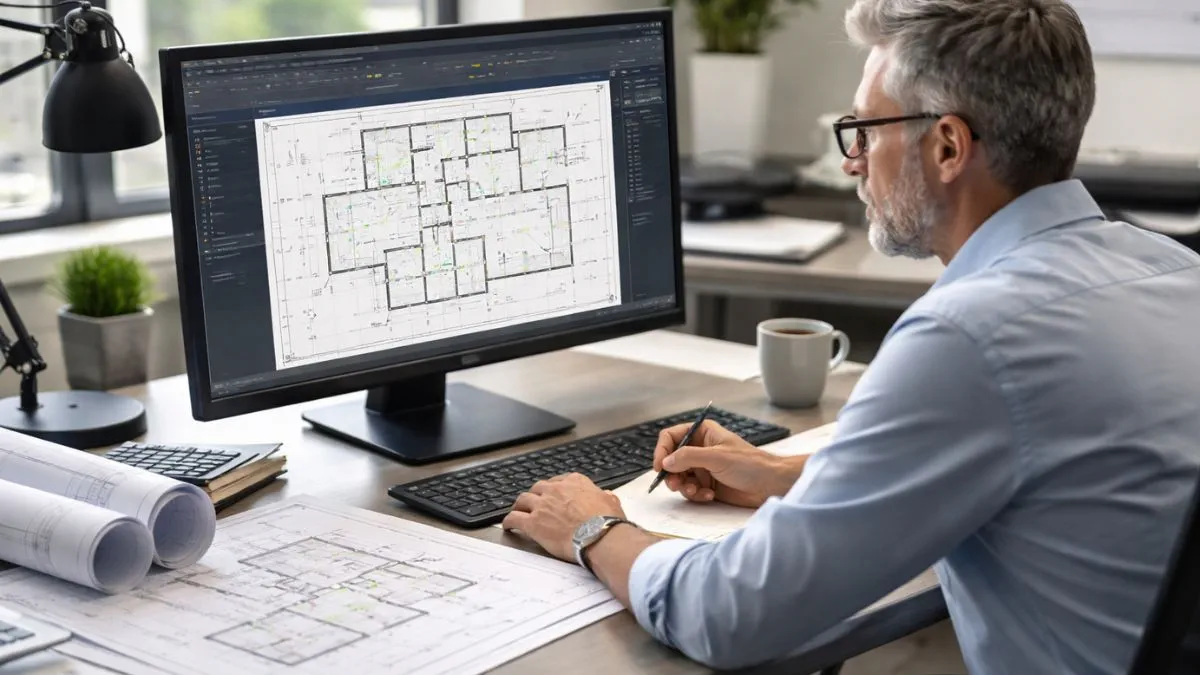 Modelo no AutoCAD sendo analisado por um profissional para edição, validação e tomada de decisões em um projeto técnico 2D.