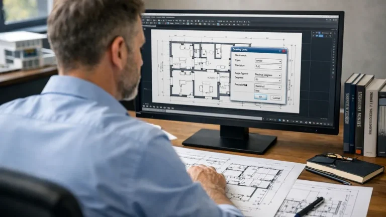 Engenheiro utilizando caixas de diálogo do AutoCAD para configurar parâmetros de desenho técnico em planta arquitetônica 2D.