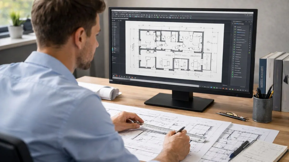 Paletas no AutoCAD sendo utilizadas por um profissional para organizar ferramentas, propriedades e informações em um projeto técnico 2D.