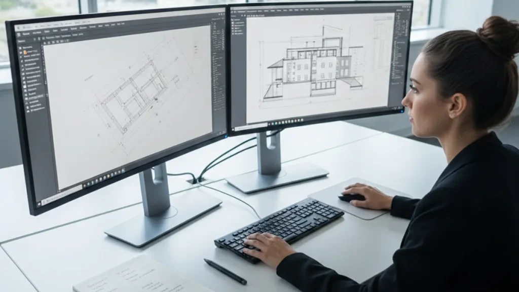 Trabalhar com Vários Arquivos no AutoCAD utilizando dois monitores para visualizar e organizar diferentes desenhos técnicos ao mesmo tempo, facilitando a comparação de projetos e o controle visual do fluxo de trabalho.