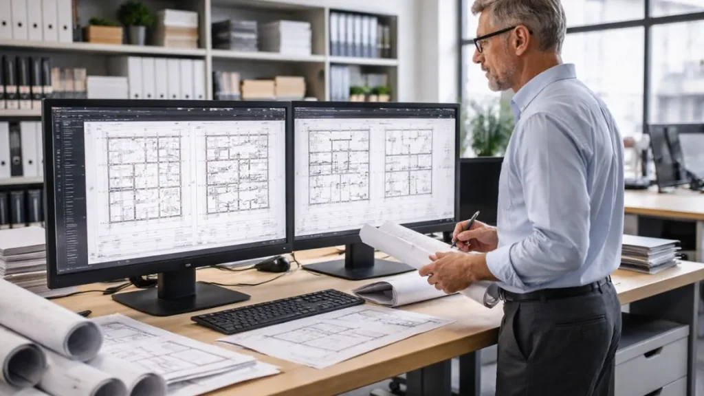Modelo no AutoCAD sendo utilizado por um profissional para padronizar projetos técnicos a partir de uma base central de desenho.
