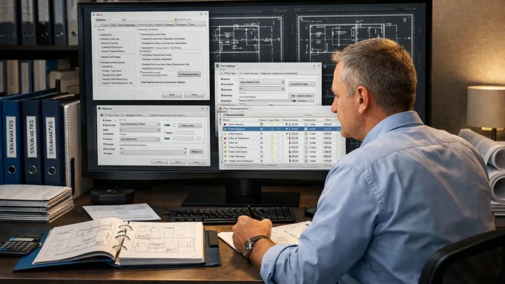 Profissional utilizando caixas de diálogo do AutoCAD para padronizar e controlar configurações técnicas em projeto 2D.