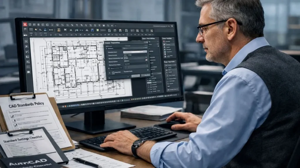 Barra de status do AutoCAD sendo utilizada de forma padronizada para controle de recursos durante a edição de um projeto técnico.