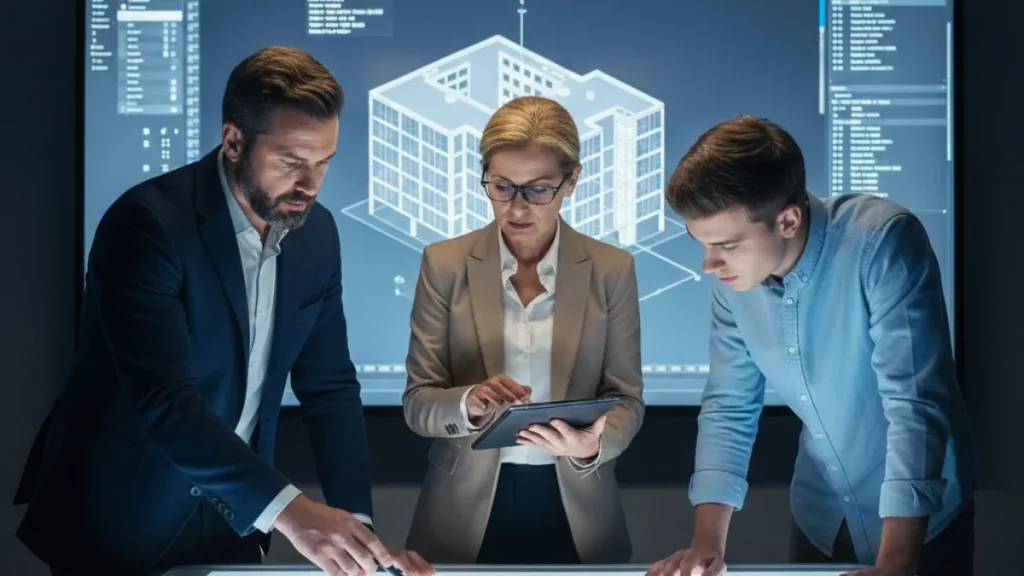 Modelo AutoCAD sendo utilizado para padronização e controle técnico do projeto, com equipe analisando informações do modelo digital em ambiente colaborativo.