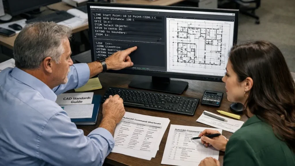 Linha de comando do AutoCAD sendo utilizada de forma padronizada por profissionais para aplicar comandos avançados e aumentar a produtividade no projeto técnico.