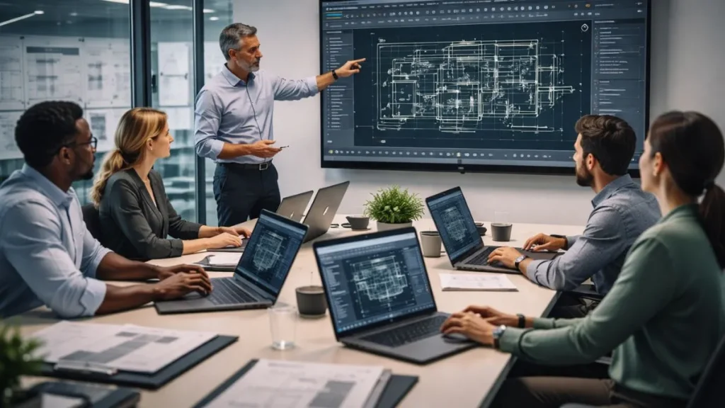 Espaço de trabalho padronizado com equipes técnicas reunidas em sala de coordenação, analisando projetos no AutoCAD em tela compartilhada e notebooks.