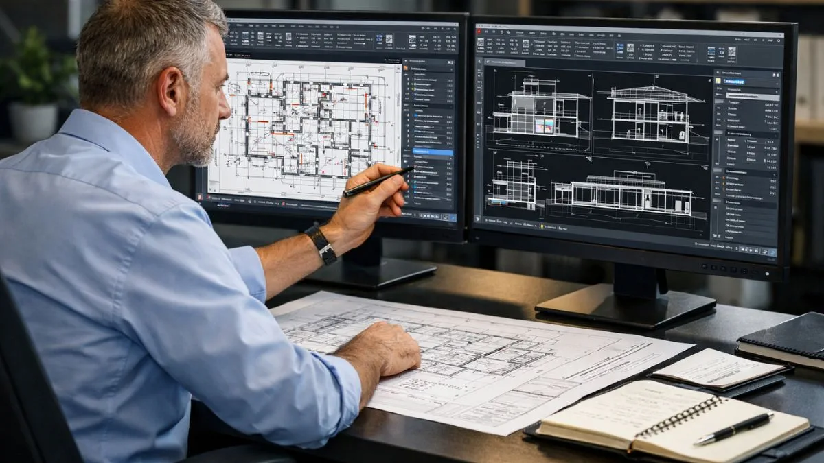 Painéis flutuantes no AutoCAD sendo utilizados em um ambiente profissional, com múltiplas telas exibindo projetos técnicos e ferramentas organizadas.