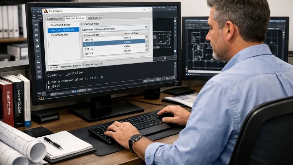 Linha de comando do AutoCAD sendo personalizada por profissional técnico, com ajuste de atalhos e recuperação da interface de comandos.