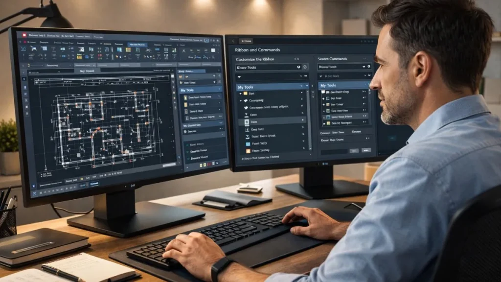 Faixa de Opções do AutoCAD sendo personalizada pelo usuário, com ajustes de abas, painéis e comandos para aumentar a produtividade e adaptar a interface ao fluxo de trabalho técnico.