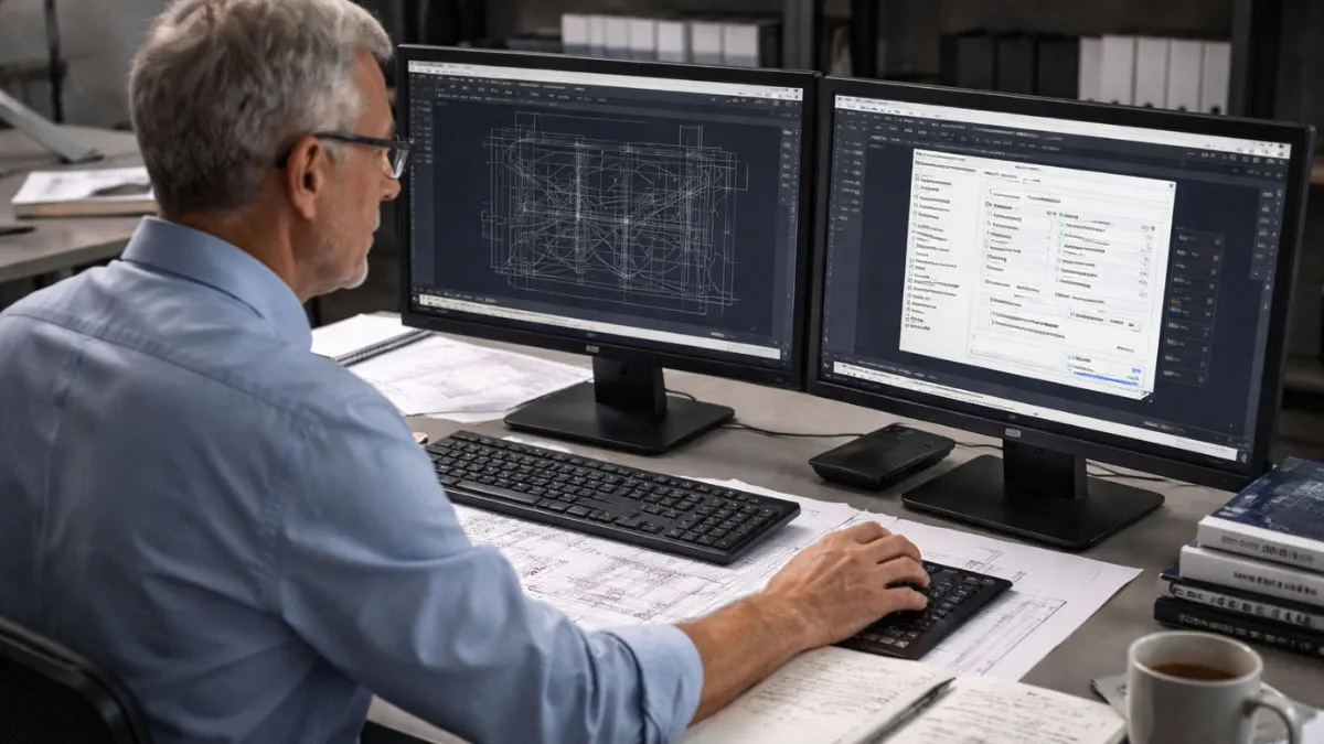 Engenheiro utilizando caixas de diálogo do AutoCAD para personalizar opções aplicáveis e configurações avançadas de um projeto técnico 2D.