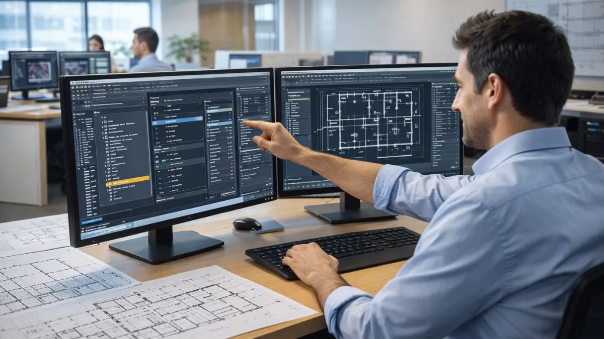 Workspace no AutoCAD sendo personalizado por um projetista em estação de trabalho com dois monitores, ajustando painéis, menus e ferramentas para otimizar a criação de desenhos técnicos 2D.