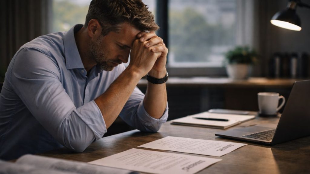 Profissional em silêncio, com postura de reflexão intensa diante de documentos e computador, antes de tomar uma decisão importante.