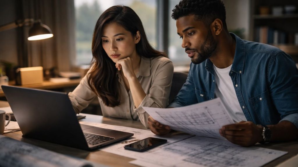 Duas pessoas analisam informações juntas em um ambiente profissional, comparando dados antes de tomar uma decisão.