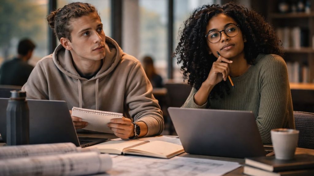Dois estudantes analisam informações em um ambiente de estudo, refletindo antes de tomar uma decisão sobre seus próximos passos.