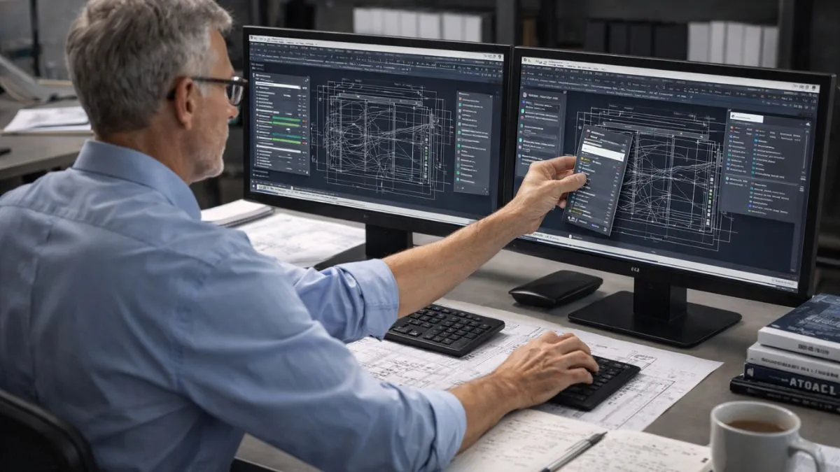 Paletas no AutoCAD sendo posicionadas, ancoradas e personalizadas por um profissional para otimizar a visualização e o controle do projeto técnico 2D.