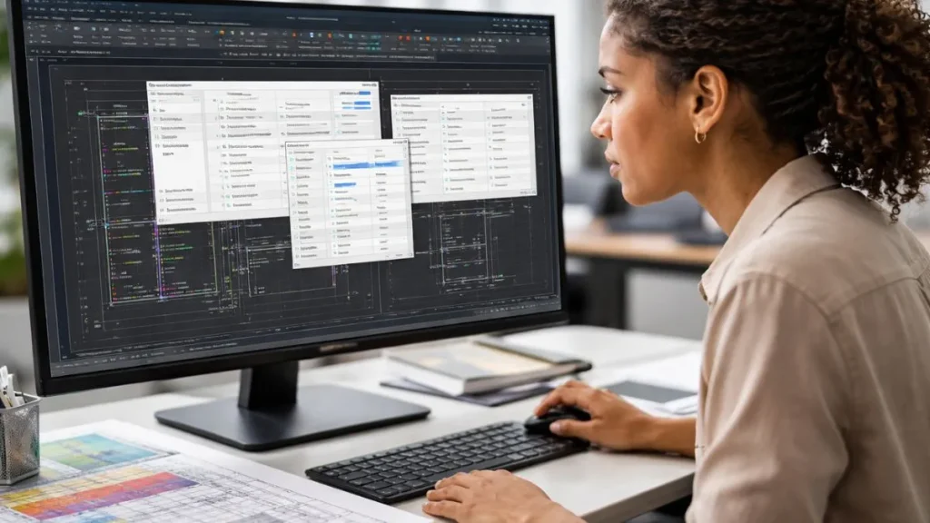Profissional utilizando caixas de diálogo do AutoCAD com ícones e campos de configuração para ajuste de parâmetros técnicos em desenho 2D.
