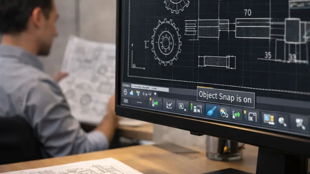 Ícones e recursos da barra de status do AutoCAD destacados na interface durante a edição de um desenho técnico.
