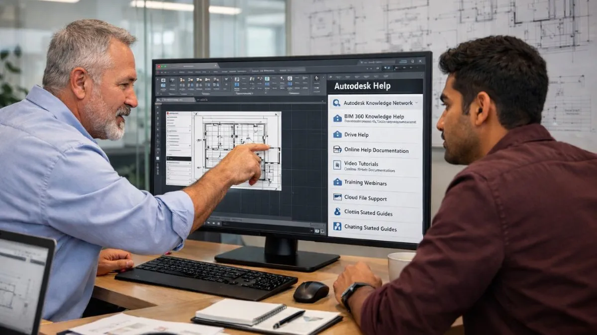 Ajuda no AutoCAD sendo utilizada em ambiente colaborativo, com acesso aos recursos online da Autodesk exibidos na interface durante a análise de um projeto técnico.