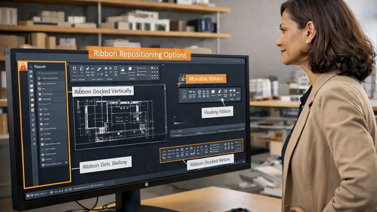 Reposicionamento da Ribbon no AutoCAD, demonstrando diferentes opções de ancoragem e organização da faixa de opções para otimizar o espaço de trabalho.