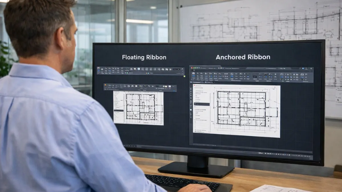 Reposicionamento da Ribbon no AutoCAD comparando a Ribbon flutuante e a Ribbon fixa, destacando diferenças de uso na interface do software.