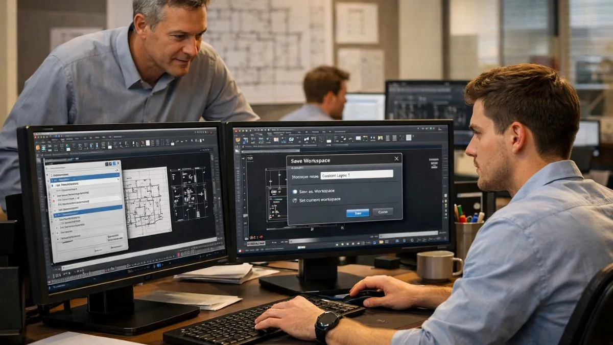 Espaço de trabalho profissional com técnico salvando e gerenciando workspaces personalizados no AutoCAD em monitores duplos durante atividade operacional.