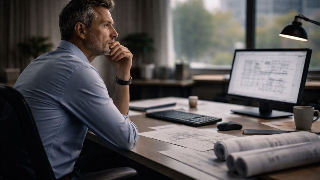 Profissional em pausa diante da tela, observando o trabalho sem agir, em um momento de hesitação silenciosa no ambiente profissional.