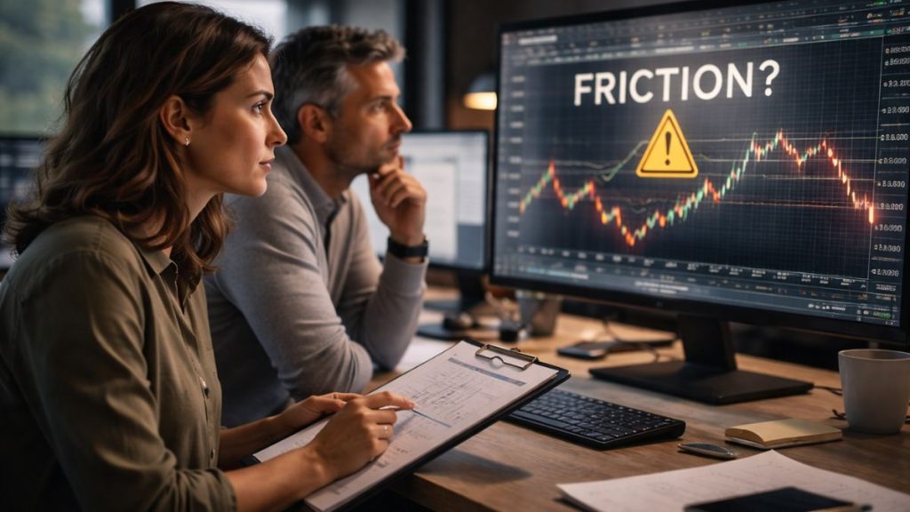 Duas pessoas analisam sinais de mudança em um ambiente profissional, observando dados que indicam fricção antes de uma transformação maior.