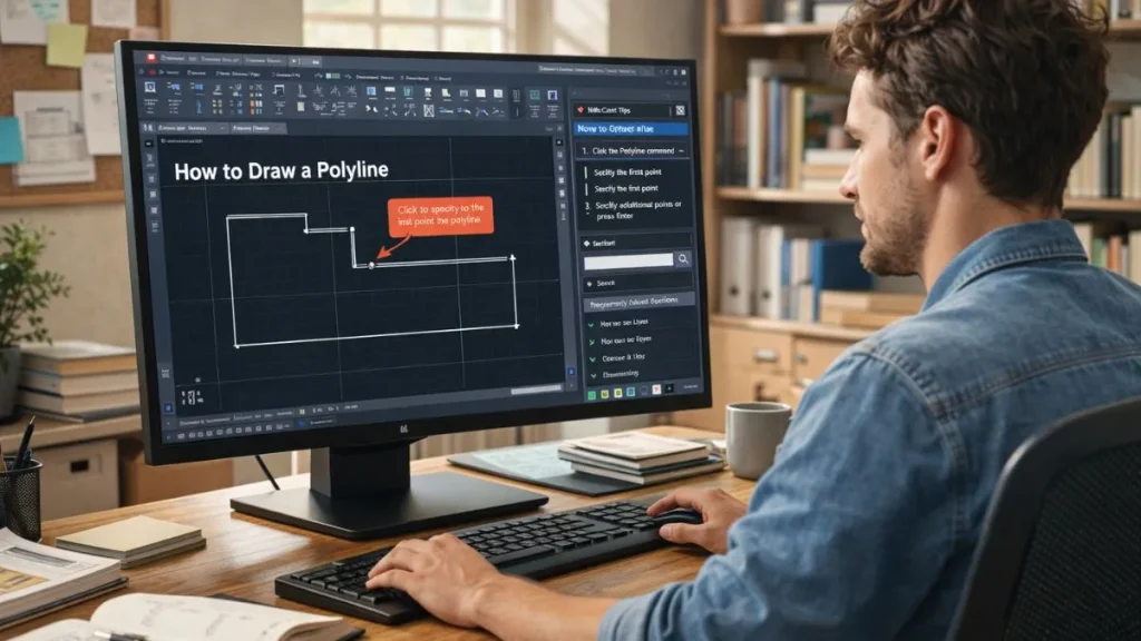 Ajuda no AutoCAD sendo utilizada como recurso de aprendizado, exibindo um tutorial passo a passo para criação de polilinhas diretamente na interface do software.