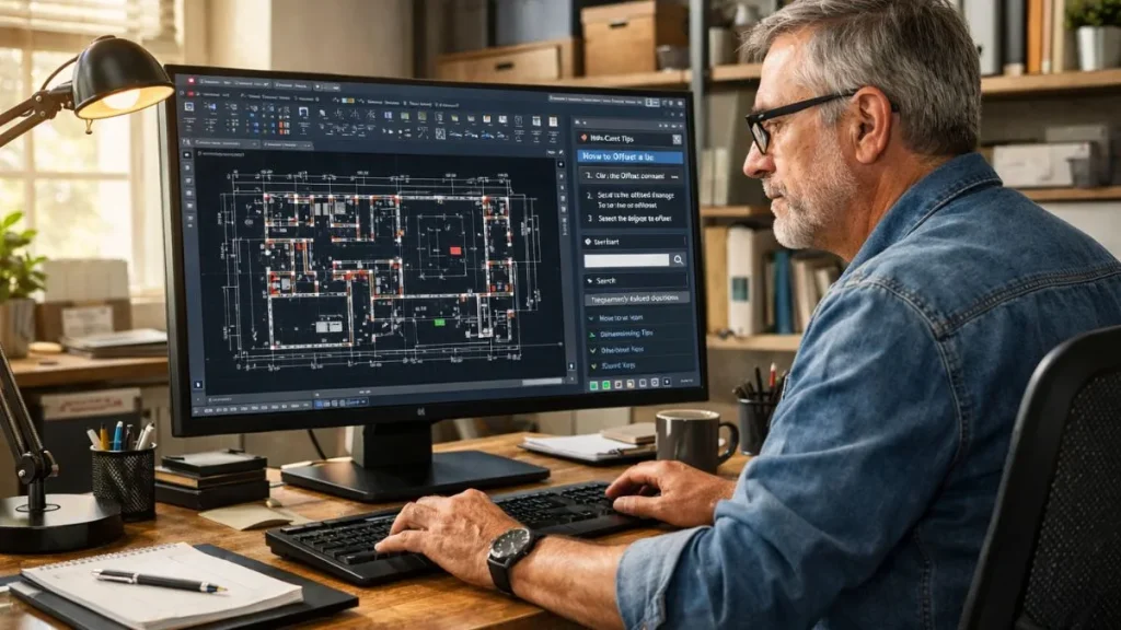 InfoCenter no AutoCAD sendo utilizado no dia a dia para consultar dicas, comandos e recursos de ajuda enquanto um profissional desenvolve um desenho técnico em ambiente de trabalho real.