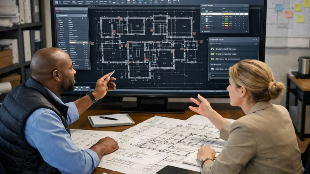 Painéis flutuantes no AutoCAD sendo usados de forma colaborativa para analisar e ajustar um projeto técnico em equipe.