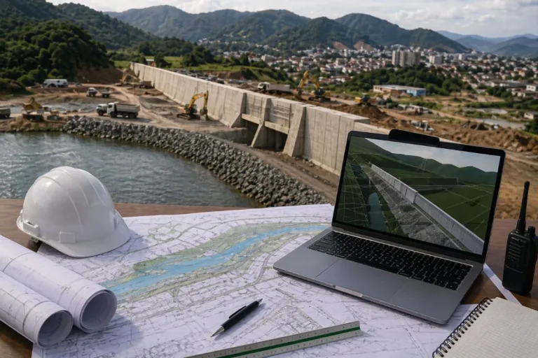Barreira contra desastres com máquinas pesadas ao lado de rio, mesa de projeto com plantas técnicas e notebook exibindo modelo 3D da estrutura