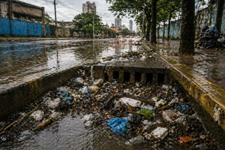 descarte irregular drenagem urbana com lixo acumulado bloqueando sistema de escoamento