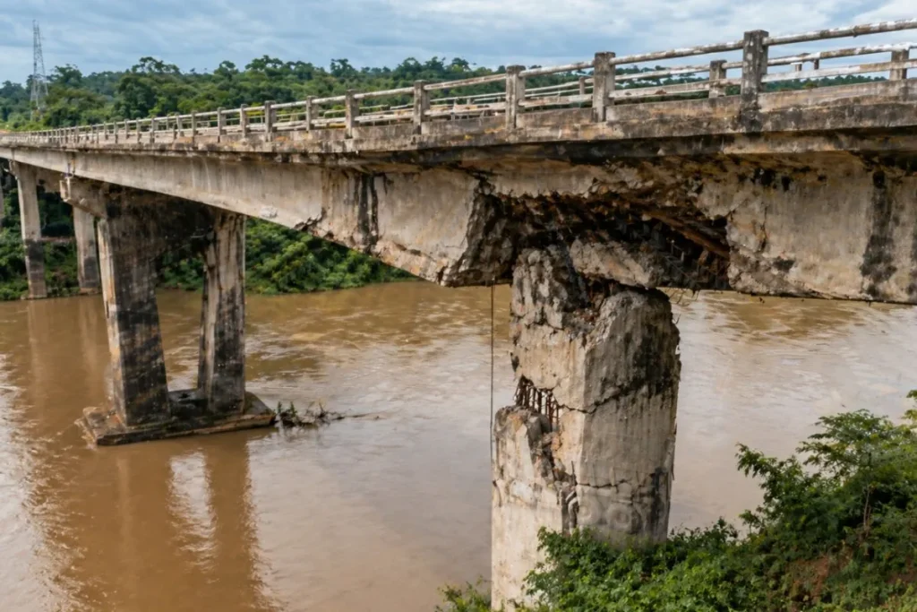 risco de colapso em ponte BR-230 com danos estruturais visíveis em estrutura de concreto