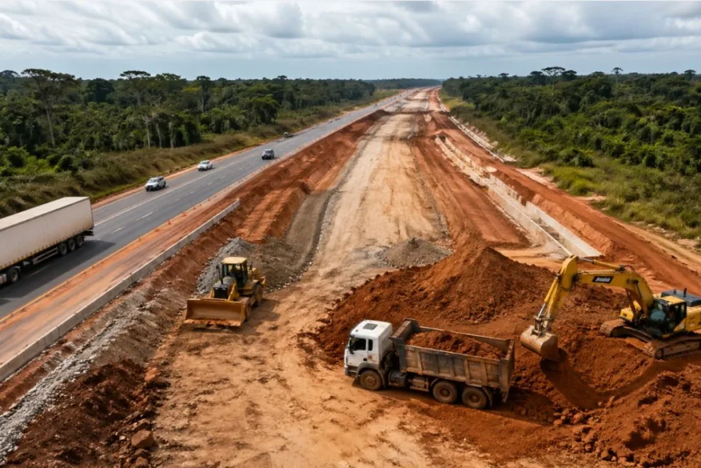 suspensão obras BR-163 com máquinas pesadas em obra rodoviária interrompida por exigência legal